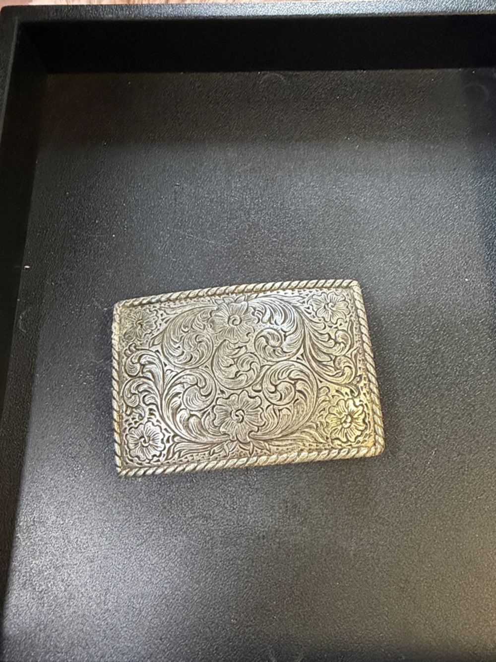 Engraved Floral Metal Belt Buckle - Silver Tone